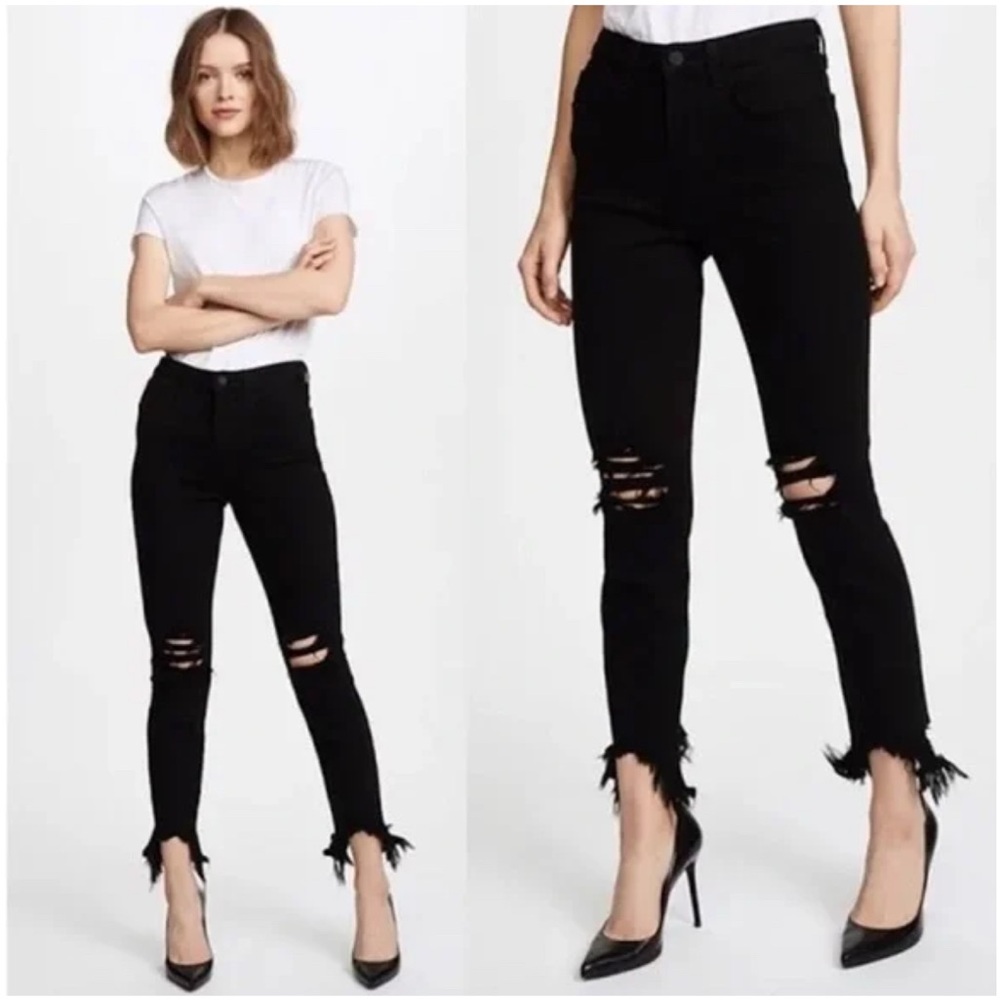 L'Agence High Line Skinny Onyx Destruct Raw Hem Distressed Knee Black 28